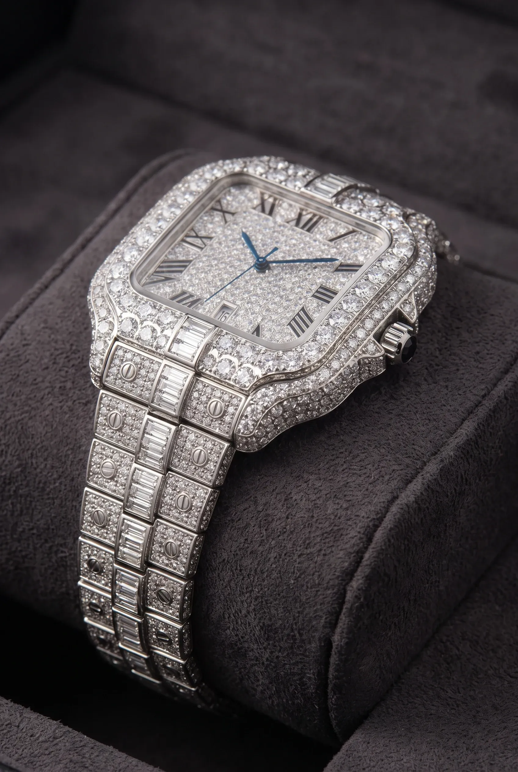 Close side view of a fully stone-set watch showing case thickness and bracelet fit on wrist.
