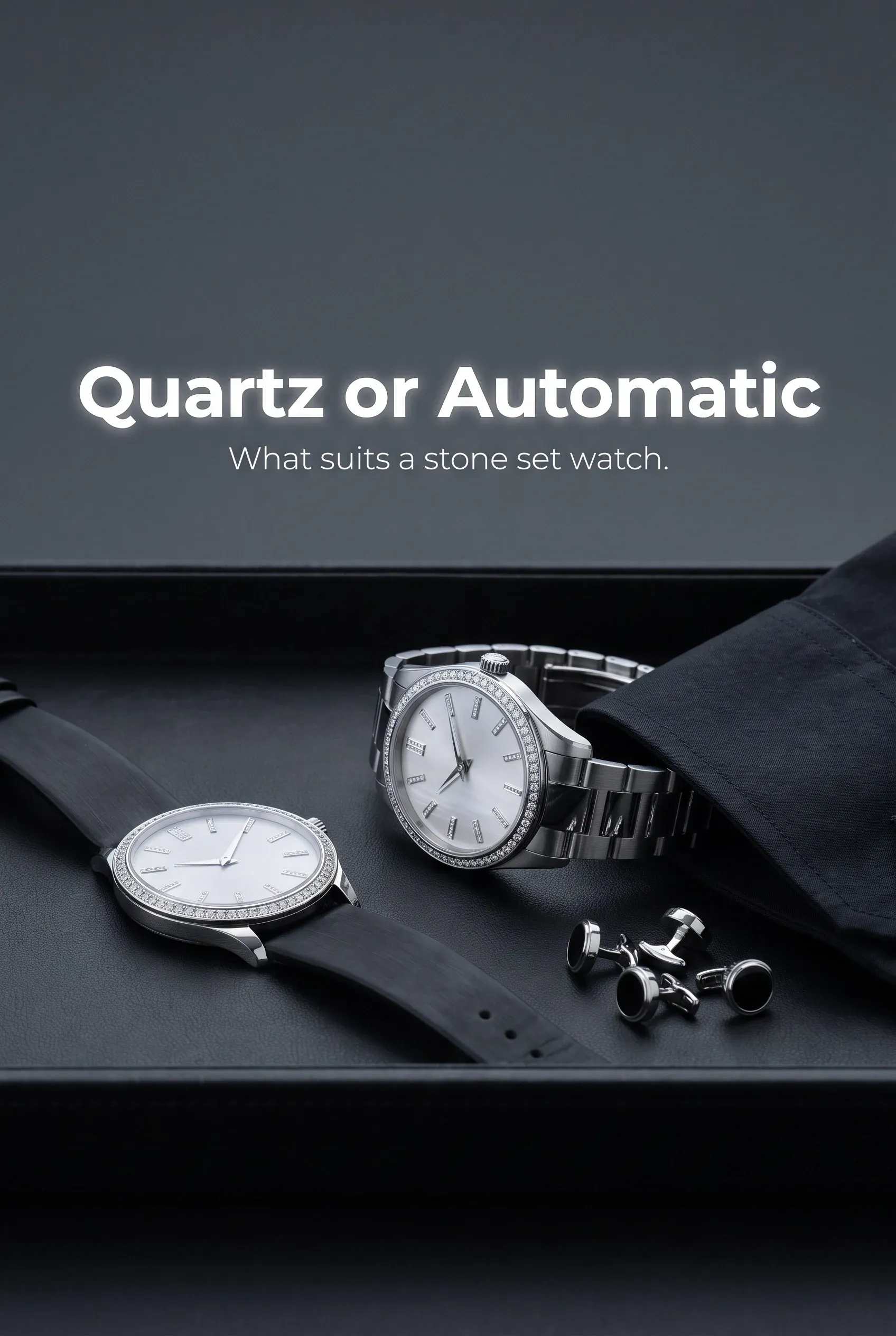 Vertical hero with two stone-set watches on a dark tray and the headline Quartz or Automatic above.