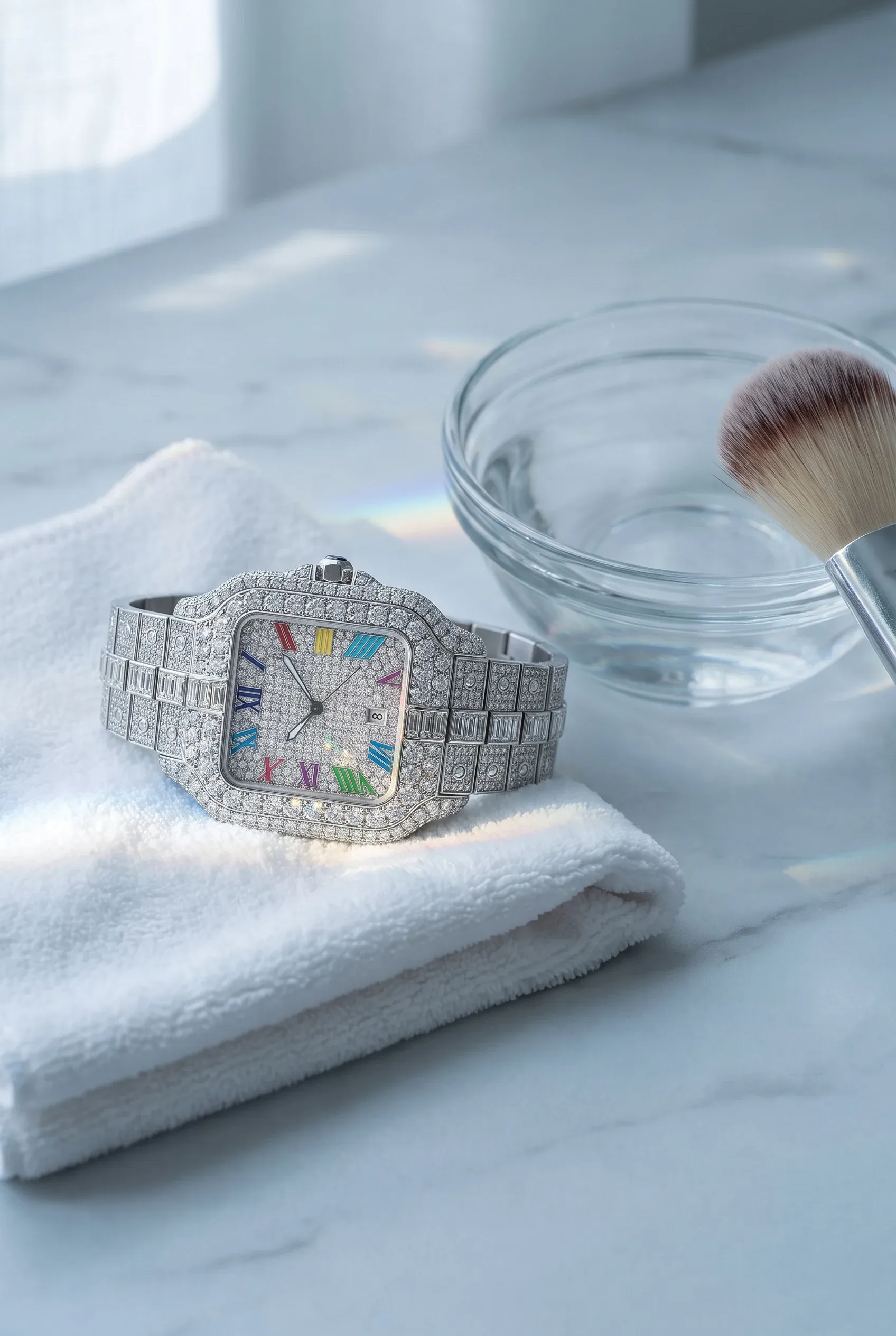 Fully iced watch with rainbow numerals resting on a white cloth next to a glass bowl of water and a soft brush