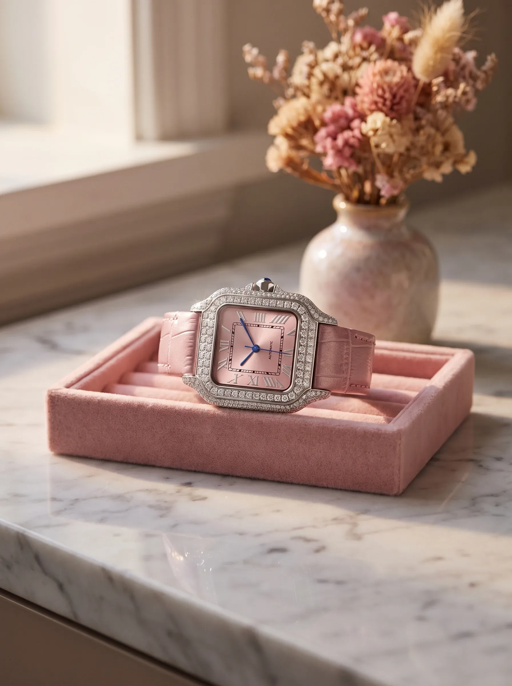 Pink dial watch with a stone-set bezel lying on a rose velvet jewelry tray next to dried flowers
