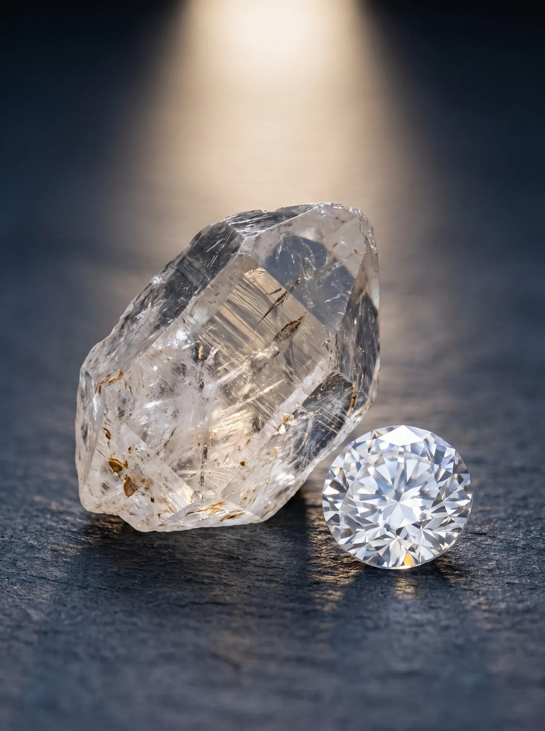 Rough uncut crystal standing beside a polished round brilliant stone on dark slate under a beam of light