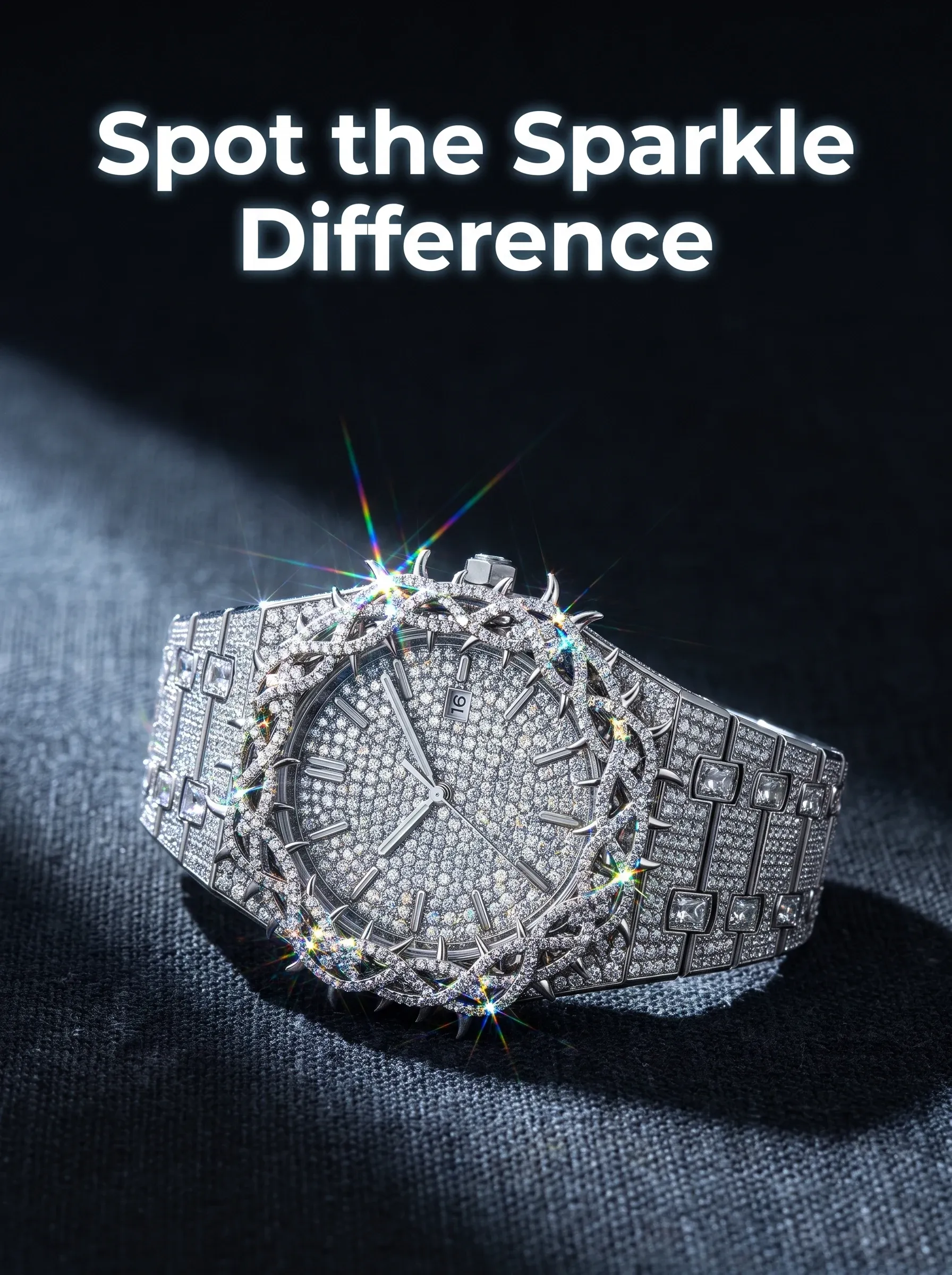 Pavé-set watch on dark fabric with rainbow-tinged starbursts revealing the sparkle pattern of its stones