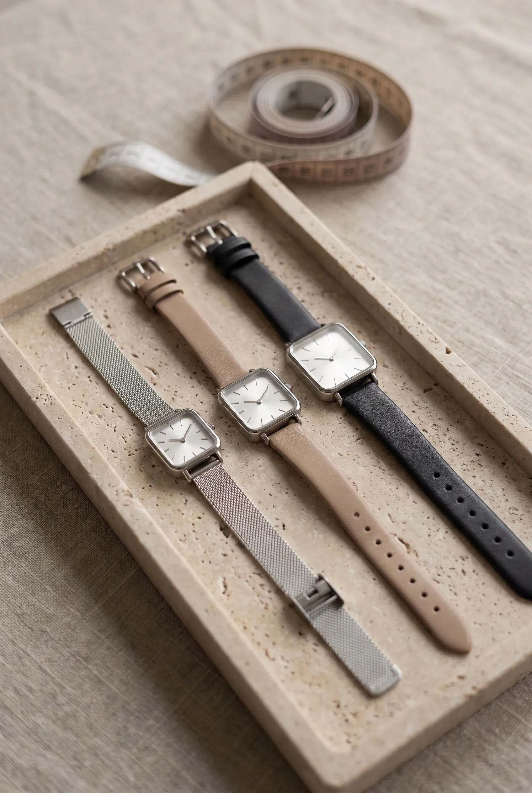 Three women's square watches in different sizes arranged on a neutral tray with a soft measuring tape.