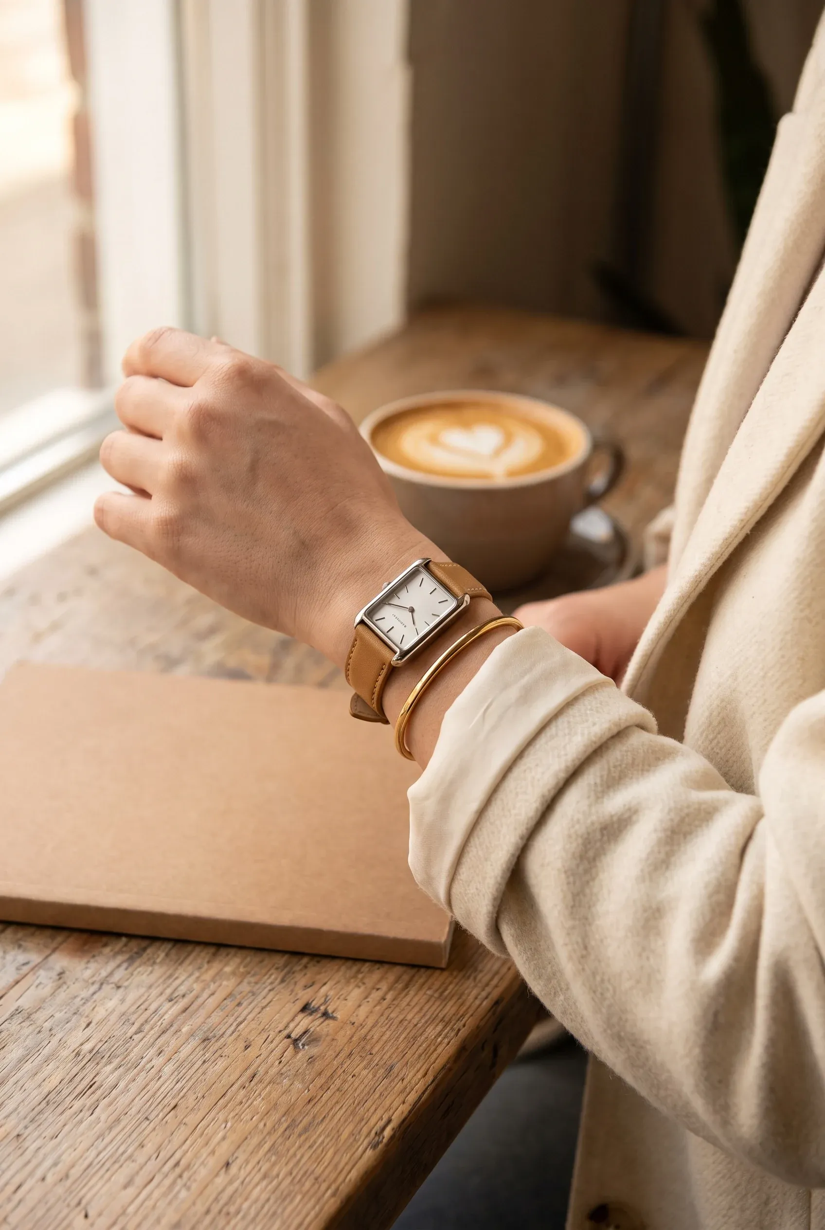 Wrist detail with a slim square watch peeking from a blazer sleeve beside a delicate bracelet.