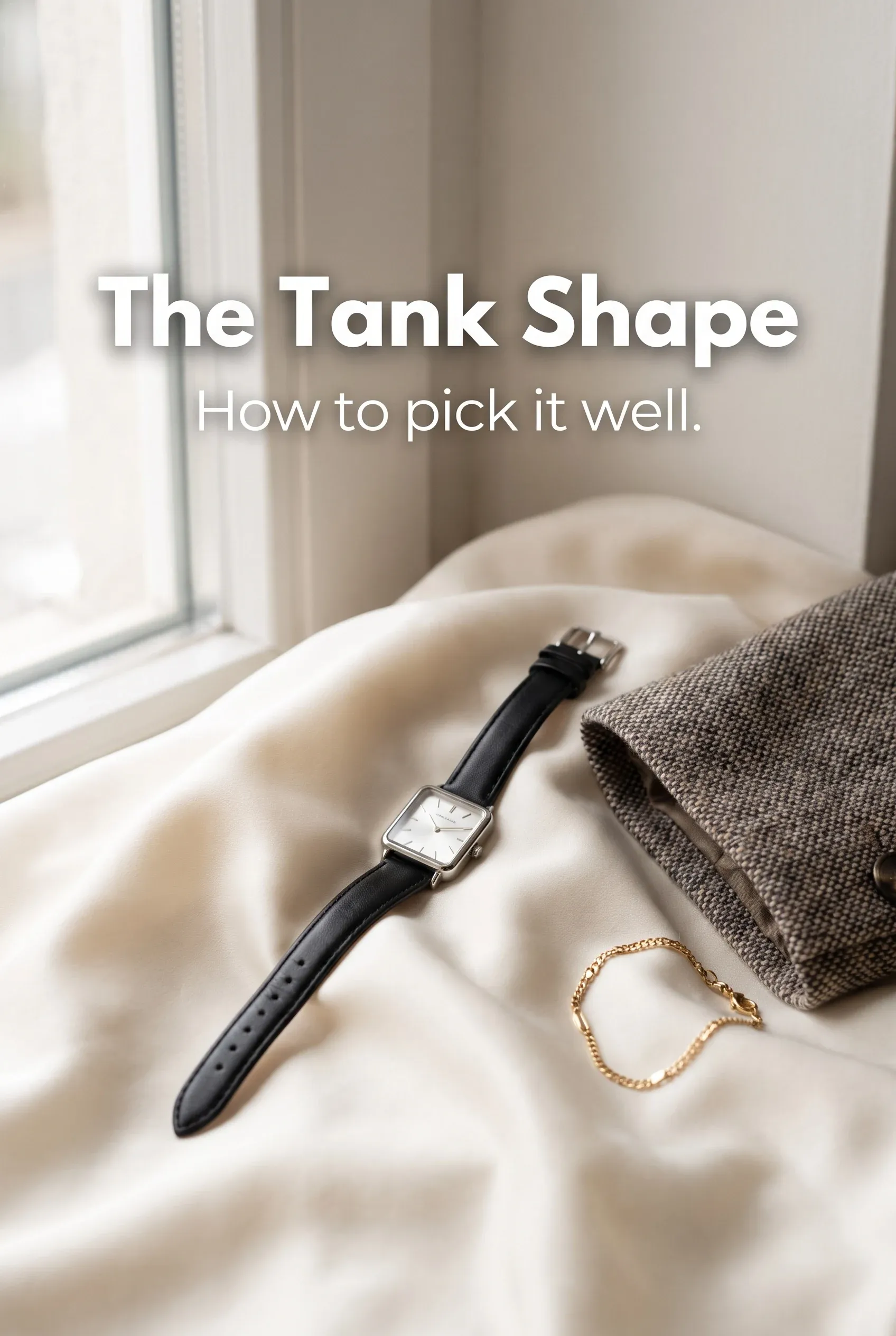 Editorial watch hero with a slim square case on silk and the headline The Tank Shape.