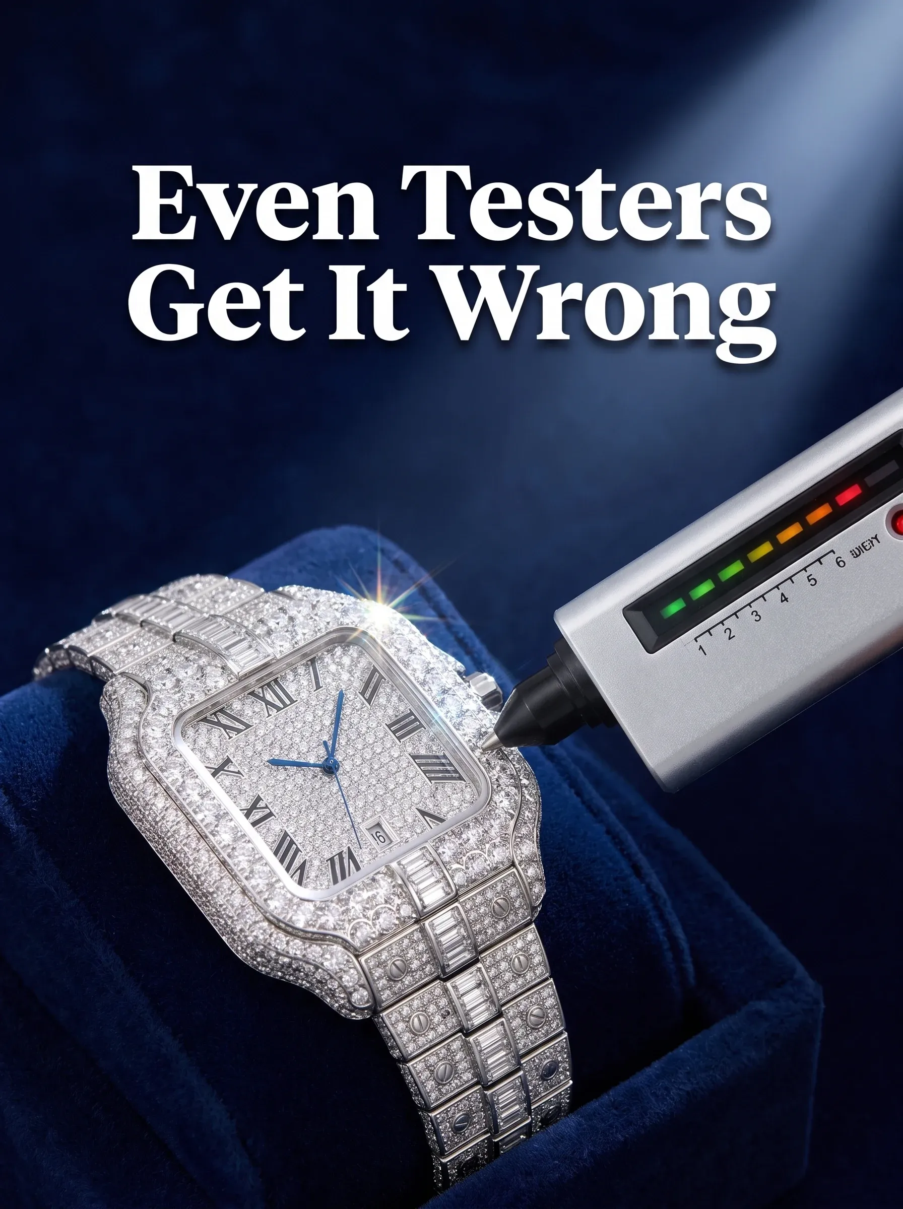 Handheld tester with a lit green-to-red scale held against a pavé stone-set watch on blue velvet