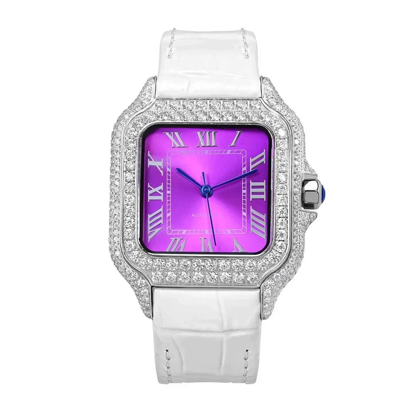 Amethyst dial encircled by clear set stones, photographed to show eye-clean surfaces