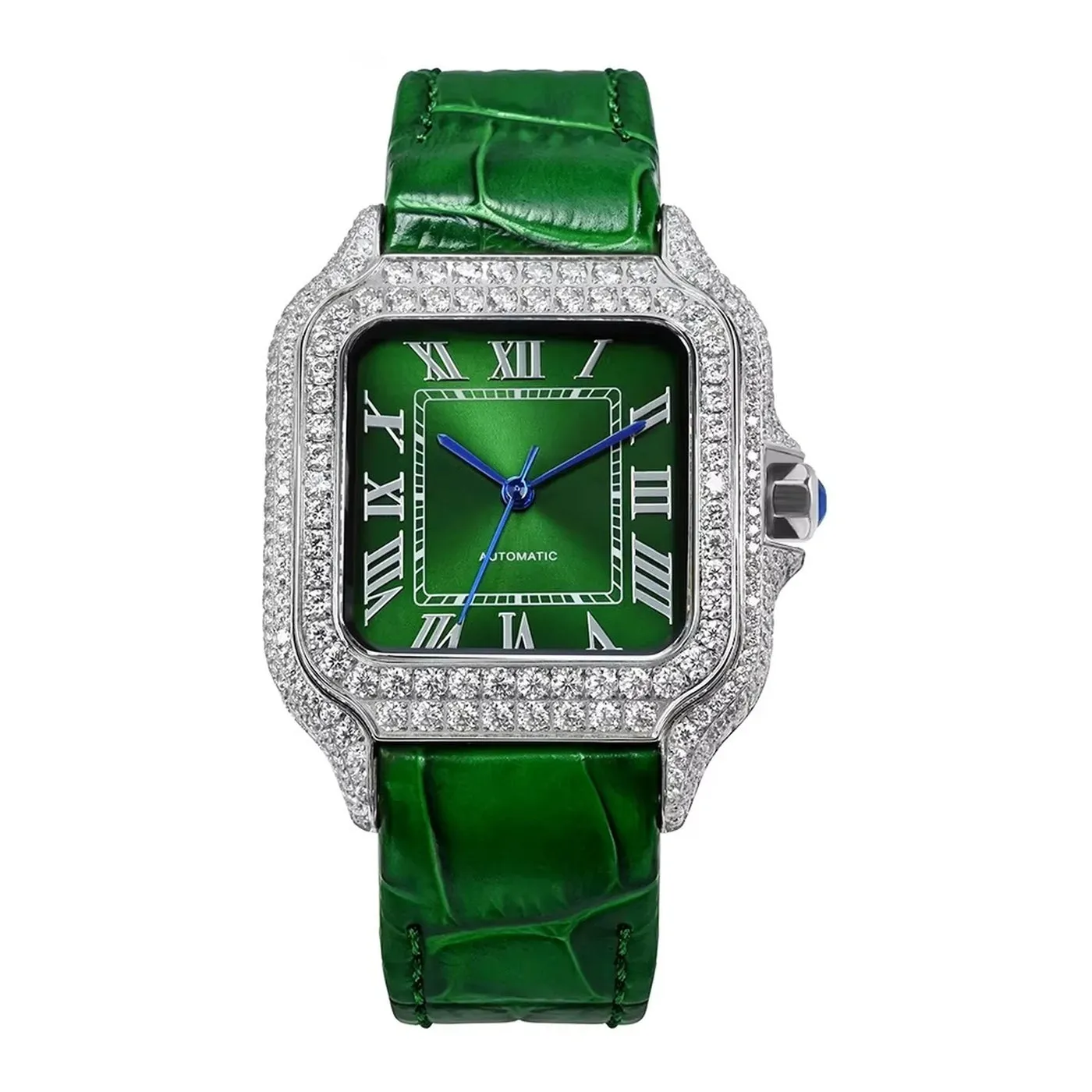 Green dial watch with hand-set stones photographed under directional light, showing the rainbow flashes moissanite is known for