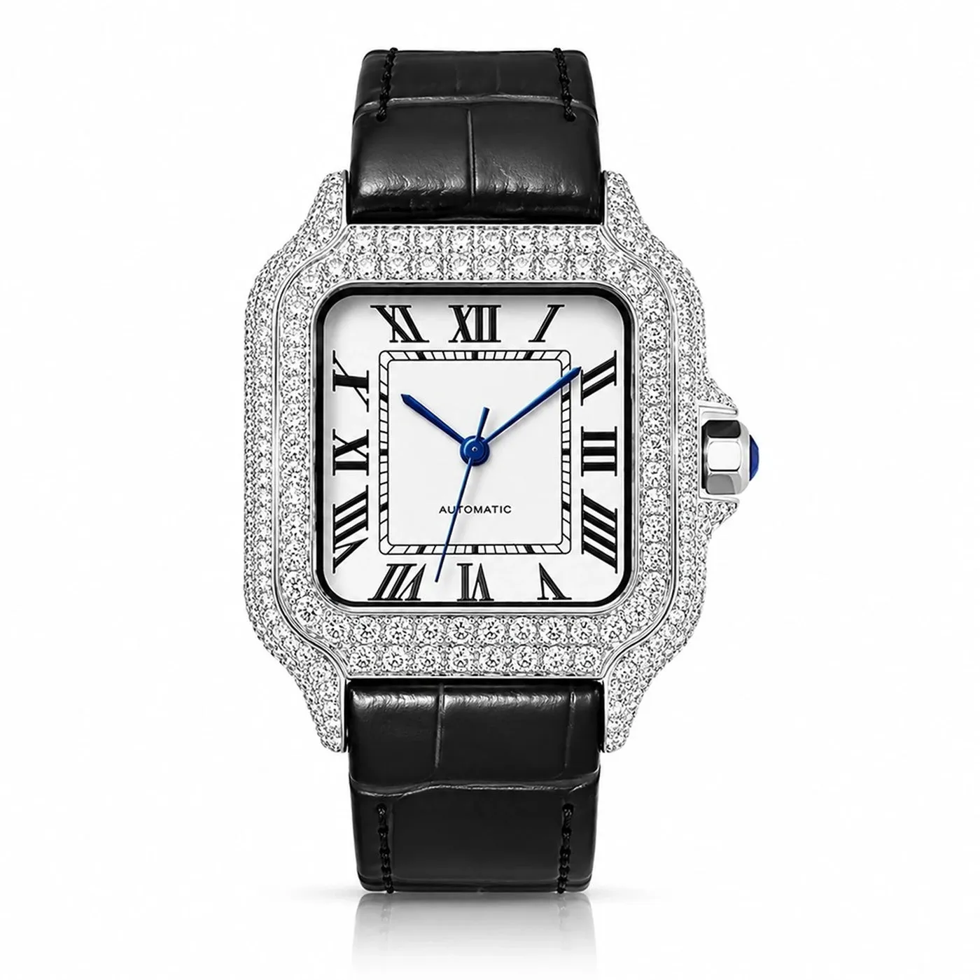 Pearl dial watch set with moissanite stones, photographed to show the white brilliance of the cut