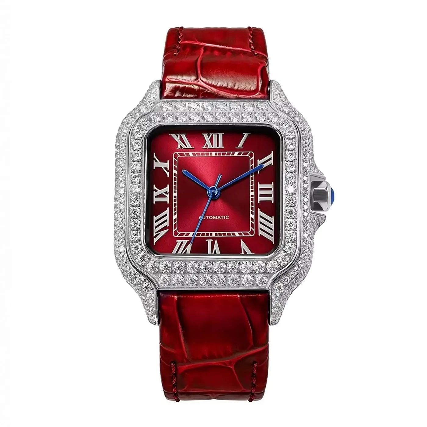 Ruby-toned dial framed by set stones, shot under angled light to separate white sparkle from colored flashes