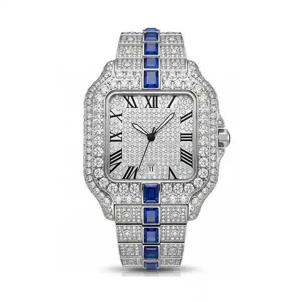 Two-tone watch bracelet with set stones, shot flat to show setting density