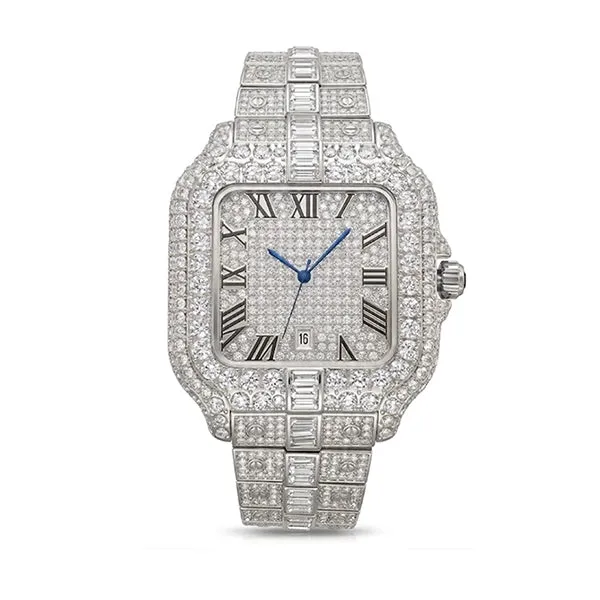 Watch case with stone-set lugs photographed against a dark ground to show light return