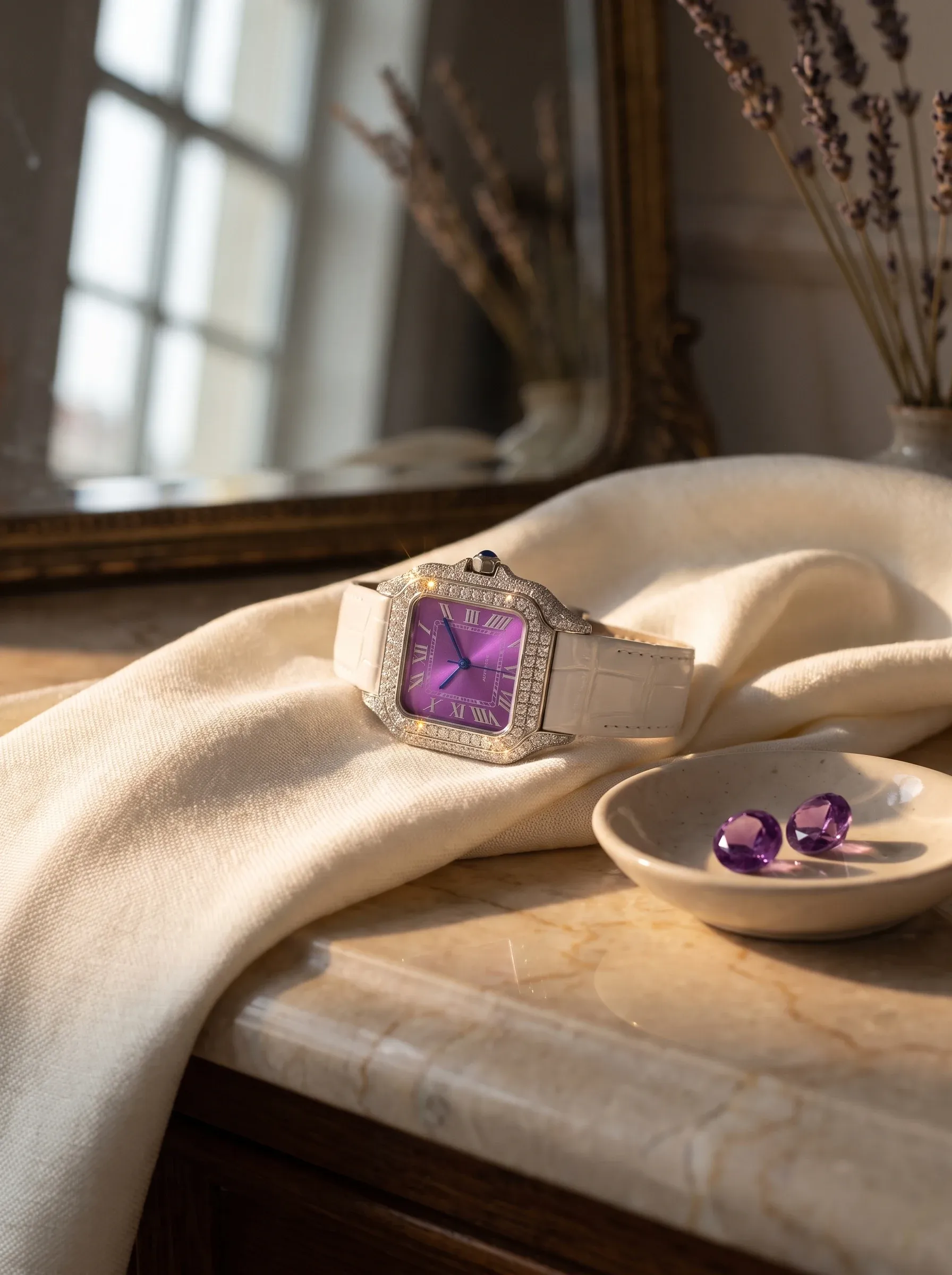 Stone-set watch with a purple dial on black marble, its pavé case throwing sharp starburst sparkles