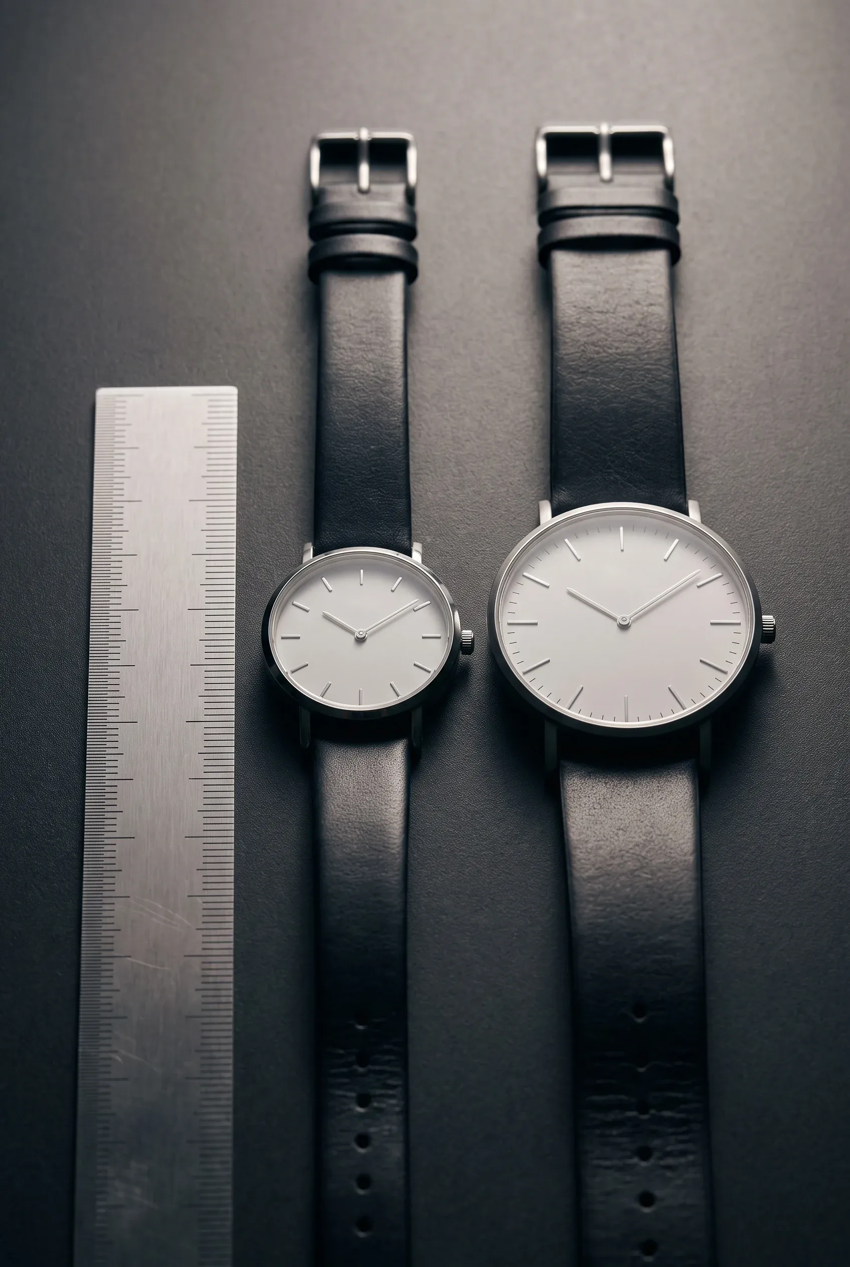 Two round watches of different sizes beside a ruler on a dark surface under soft studio light.