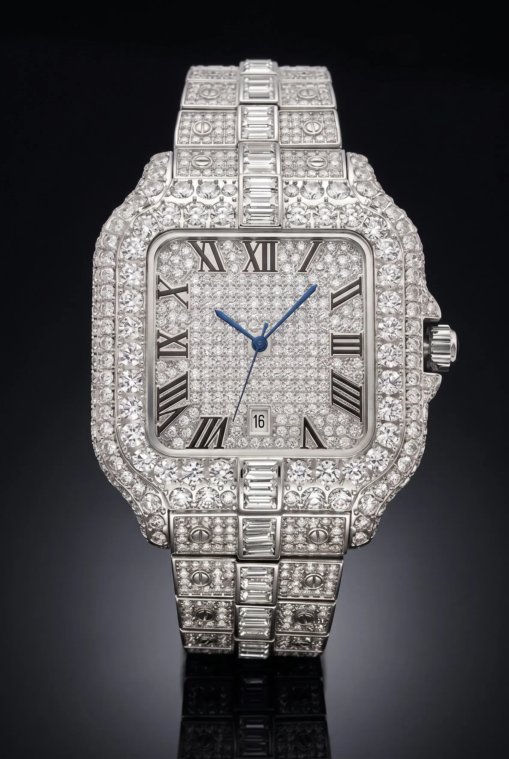 Close-up of a fully stone-set men's watch with bright bezel and bracelet on a black reflective surface.