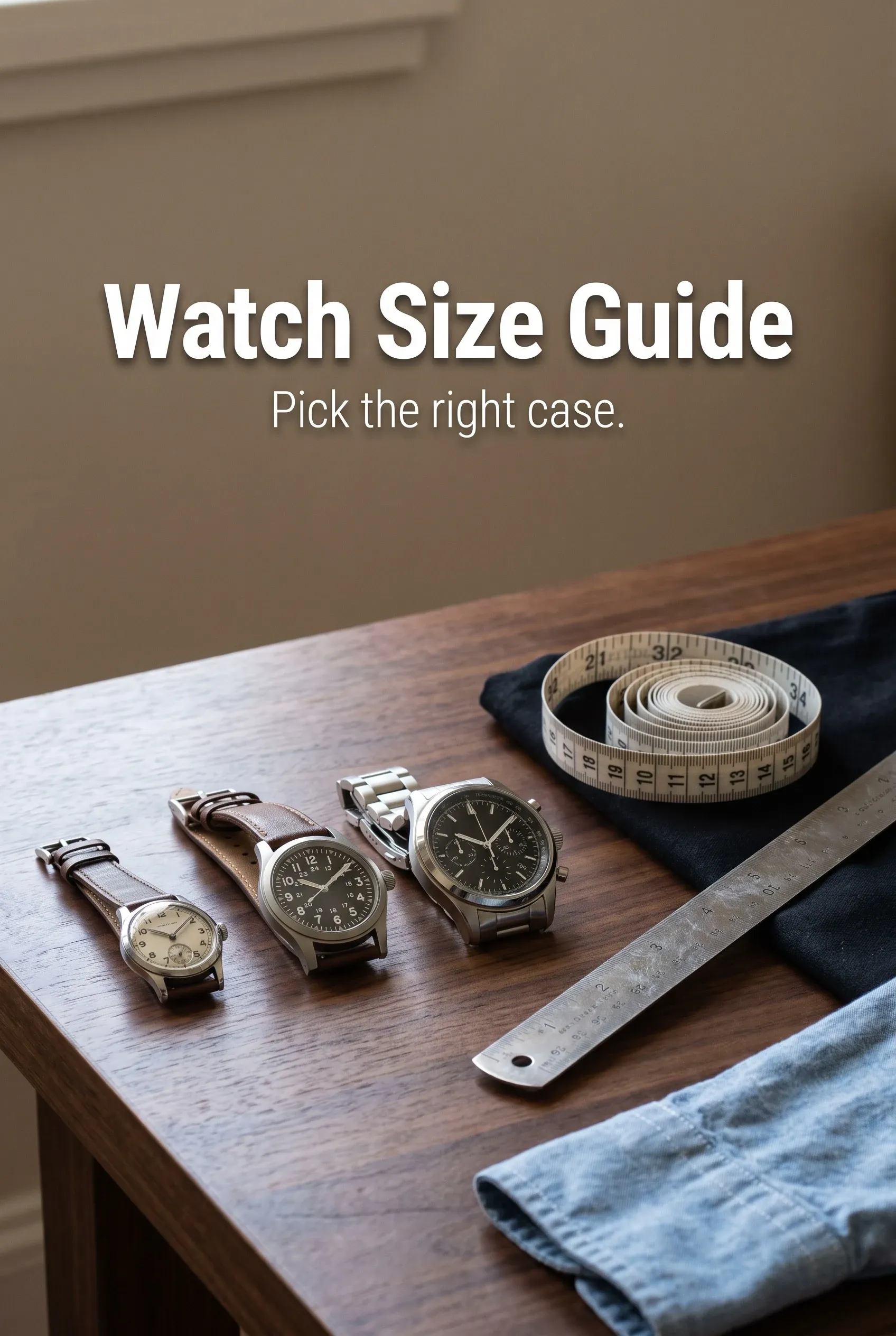 Editorial hero with Watch Size Guide headline above three differently sized wristwatches on a dark wooden desk.
