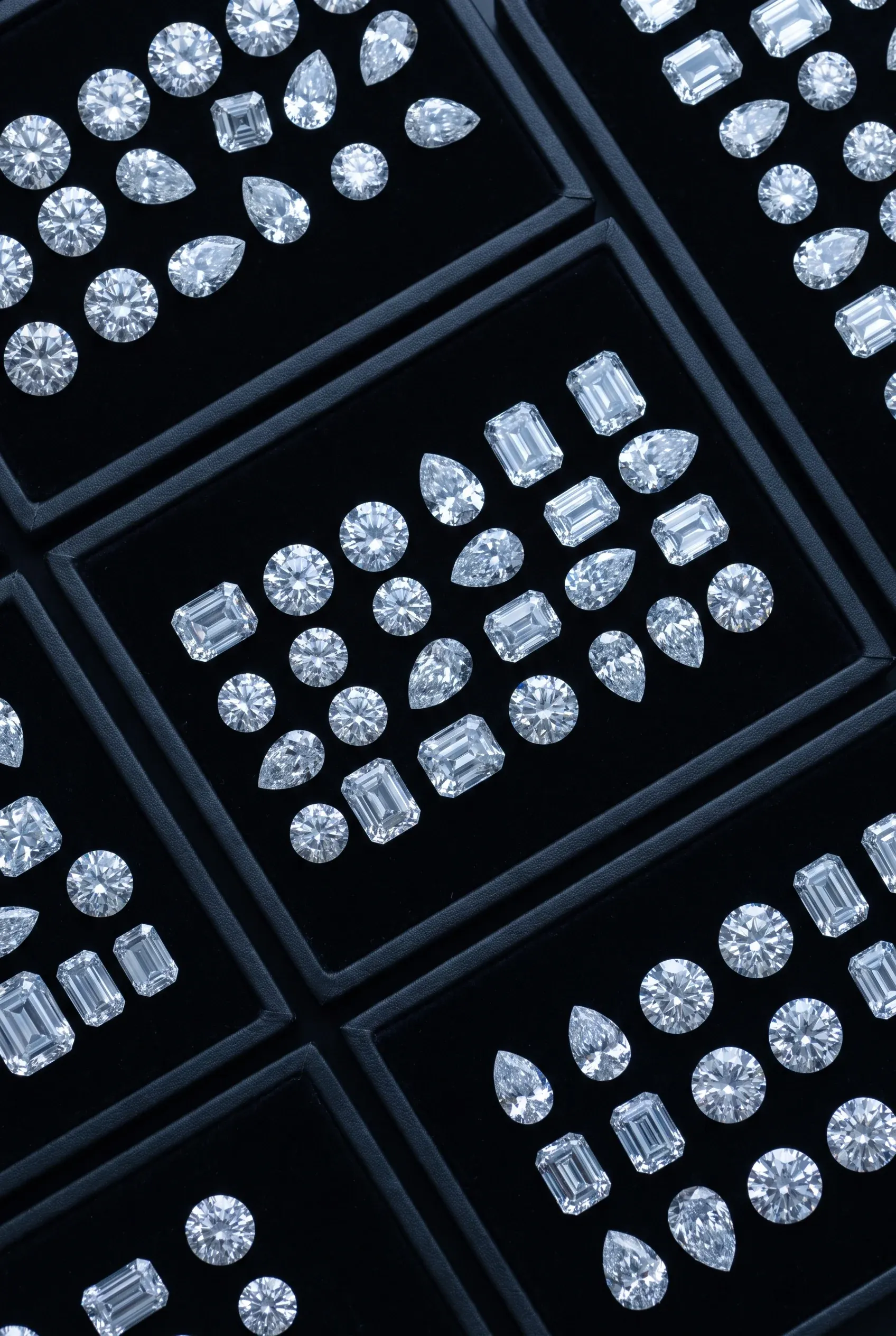 Loose clear stones on black trays showing subtle differences in sparkle and cut under cool studio light
