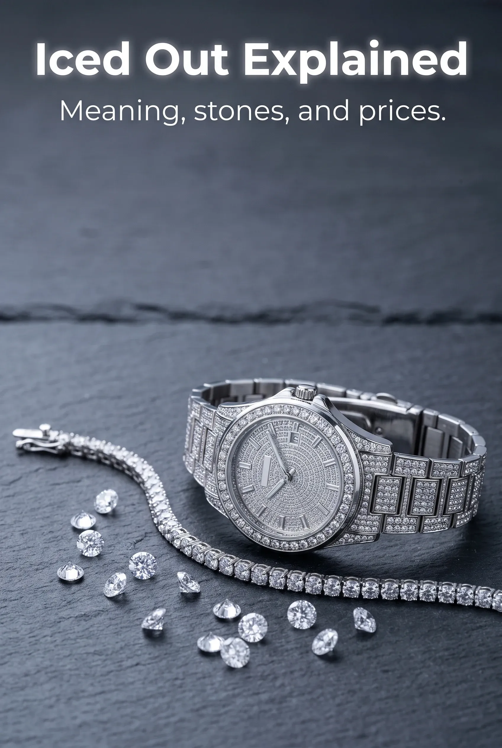 Iced Out Explained headline over a silver tone stone-set watch, tennis bracelet, and loose clear stones on dark slate.