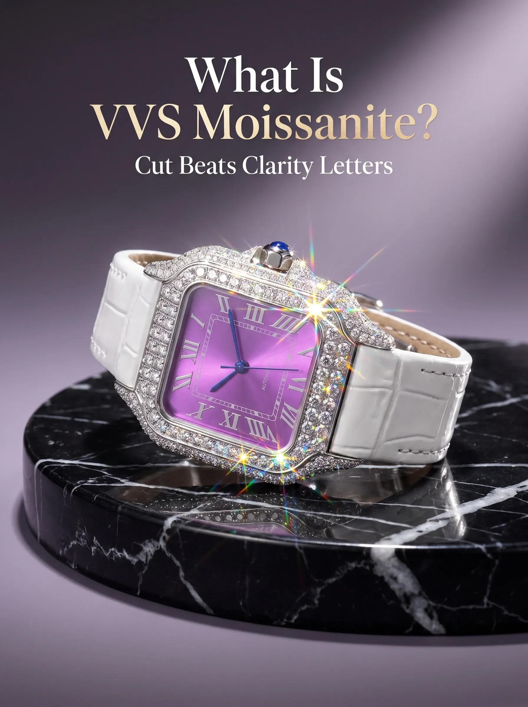 Round brilliant stone throwing rainbow rays on a black velvet box beside a jeweler's loupe