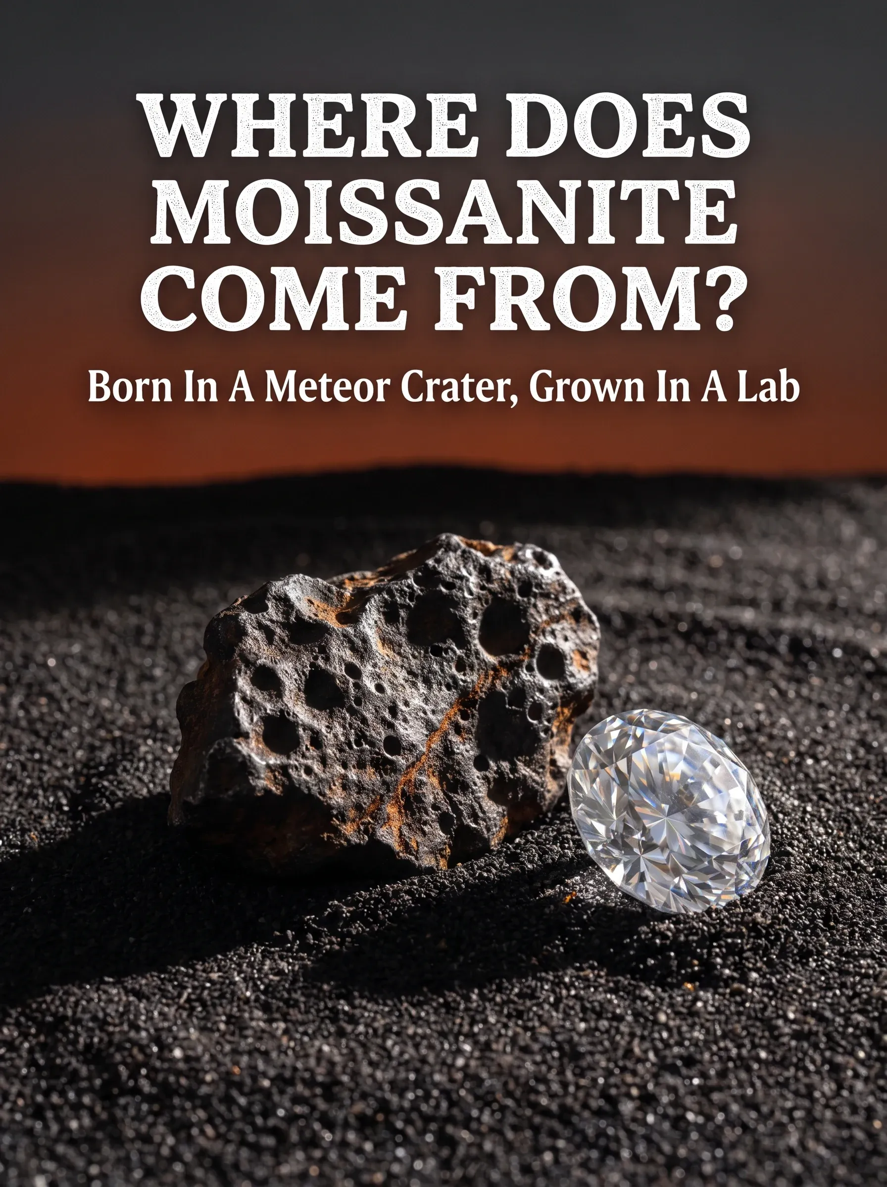 Cratered meteorite fragment next to a faceted colorless stone on black sand under a dusk sky