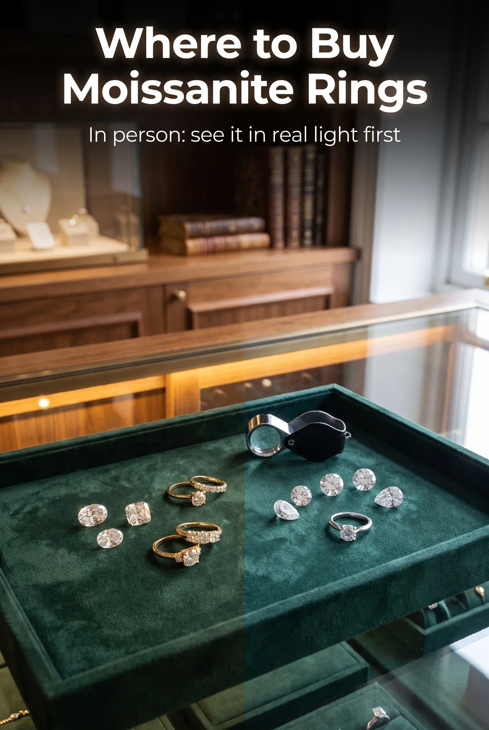 Green velvet tray of loose stones and rings with a jeweler’s loupe on a boutique counter, half in daylight and half in showcase light