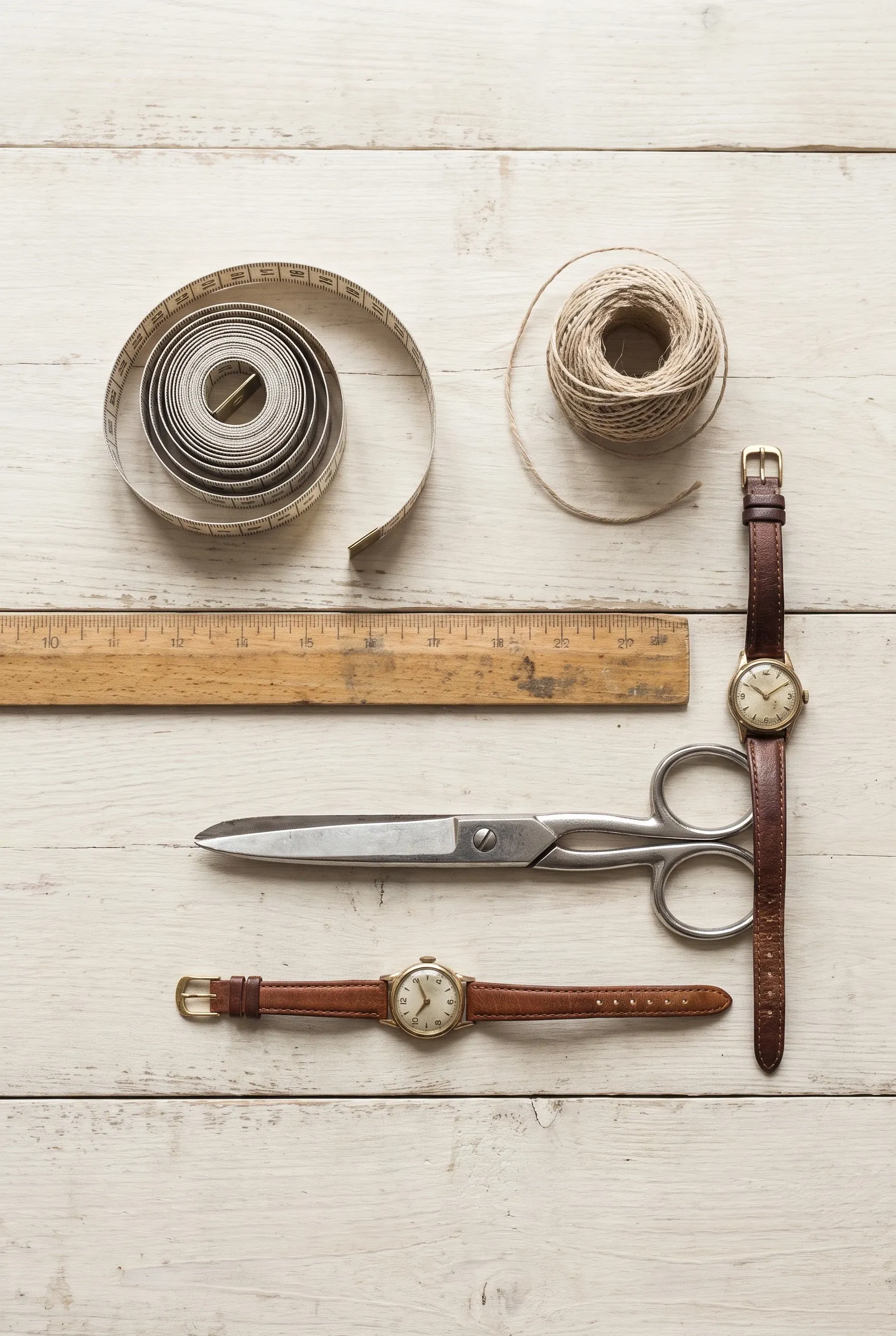 Tape measure, string, ruler, and small watches arranged for an at-home watch sizing check.