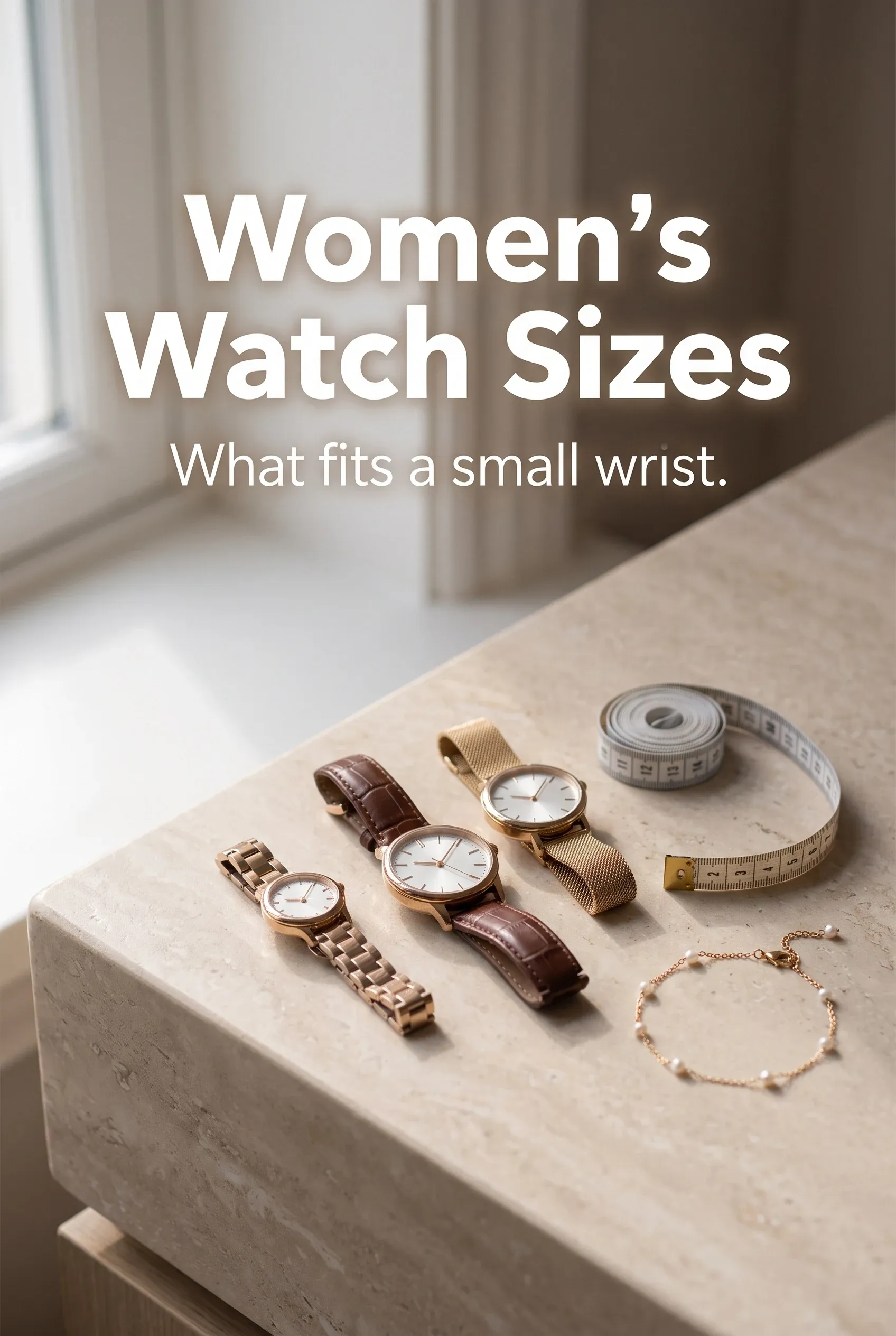 Hero graphic with the headline Women's Watch Sizes above small elegant watches and a measuring tape on a vanity.